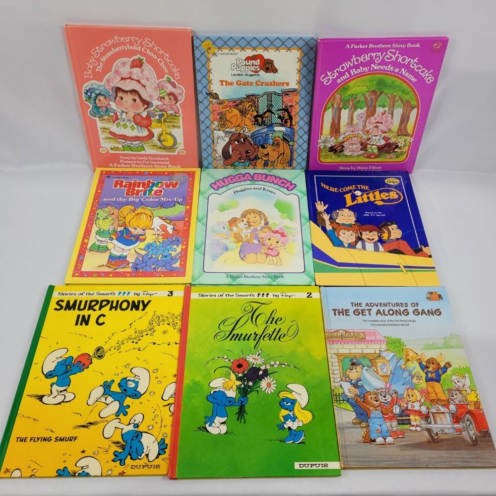 1980s Kids 8 Vintage Hardcover Book Lot Smurfs Rainbow Brite Littles Hugga Bunch